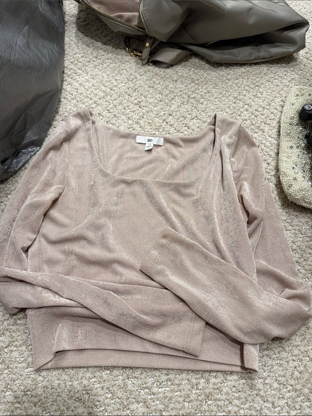 bp Shimmery Scoop Neck Long Sleeve Top in Blush Taupe